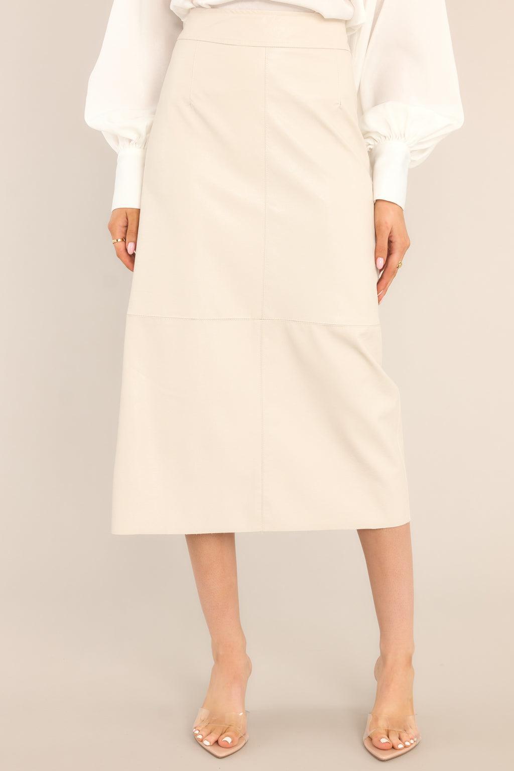 Through Open Doors Bone Faux Leather Midi Skirt White Product Image