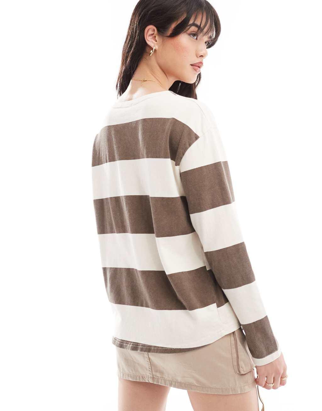 Pull&Bear oversized long sleeve T-shirt in brown stripe Product Image