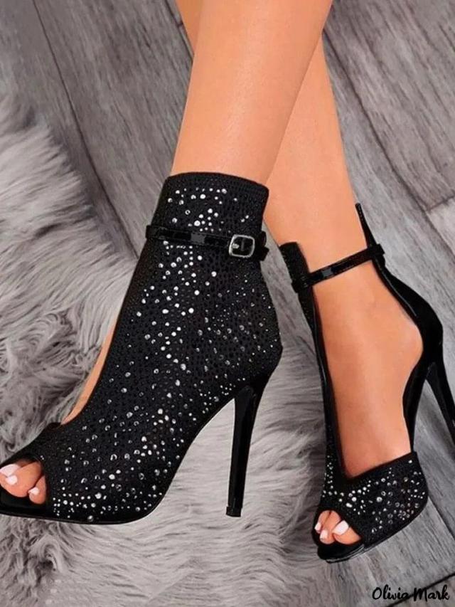 Olivia Mark – Black Womens Heeled Sandals with Elegant Rhinestone Cut-Outs Product Image