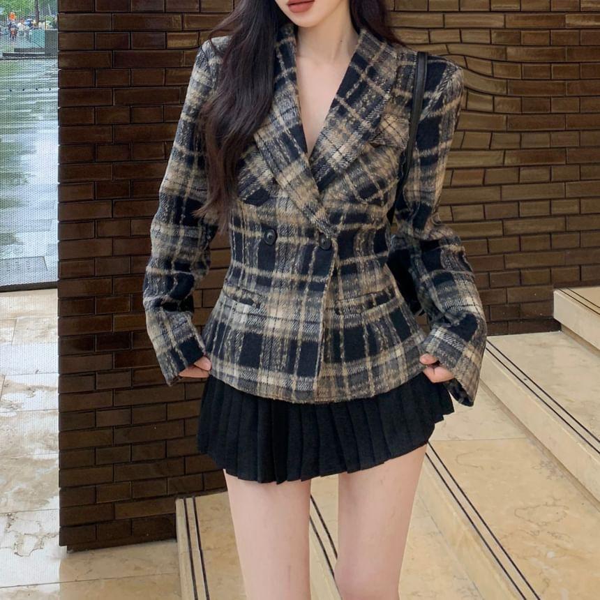 Shawl Collar Plaid Double-Breasted Blazer / High Waist Plain Pleated Mini A-Line Skirt Product Image