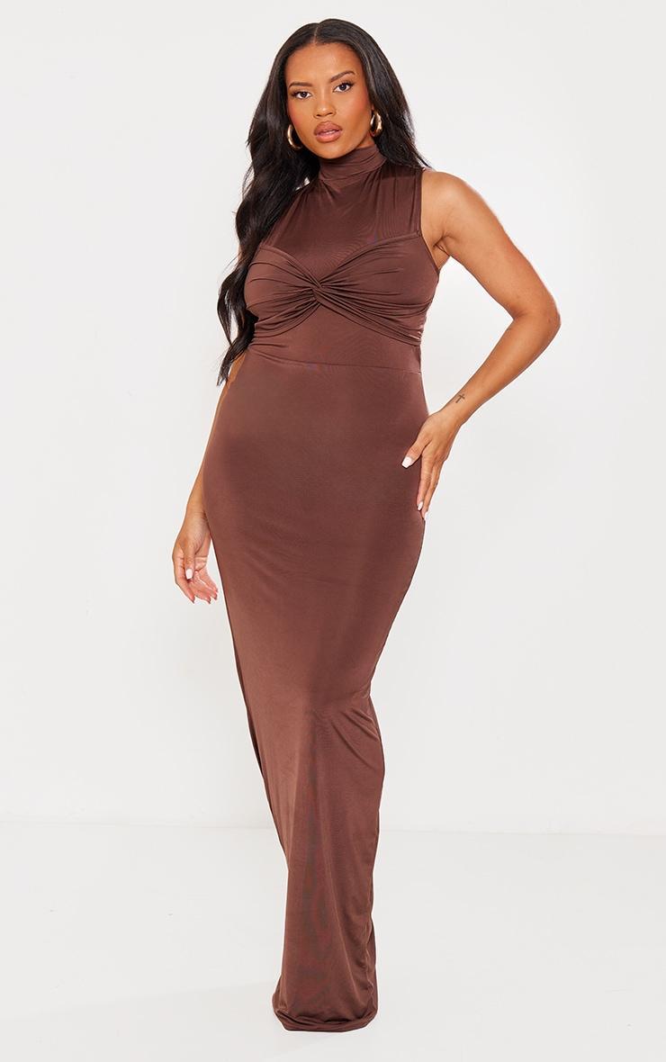 Plus Brown Slinky Knot Detail Ruched Maxi Dress product image