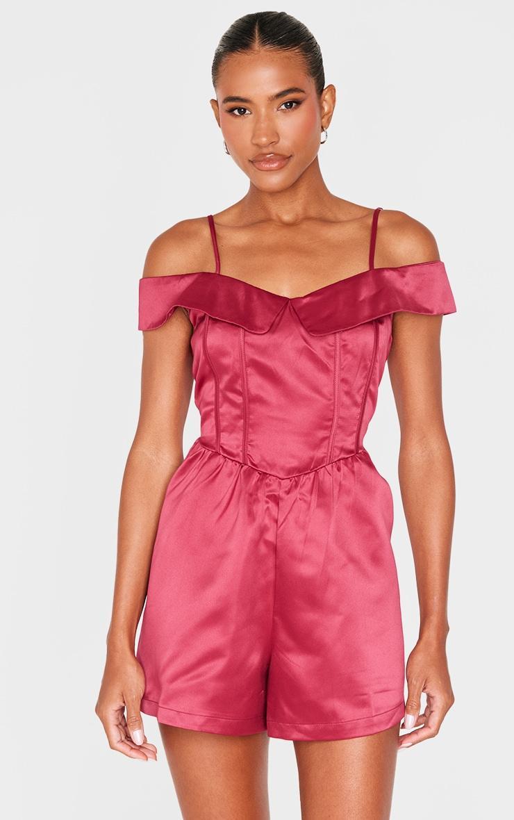 Burgundy Structured Satin Bardot Floaty Romper product image