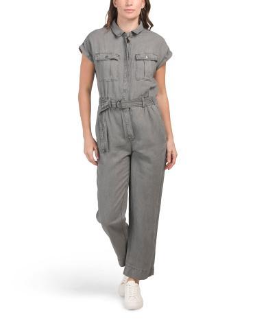 Linen Blend Jumpsuit With Chest Pockets And Tie Front For Women Product Image