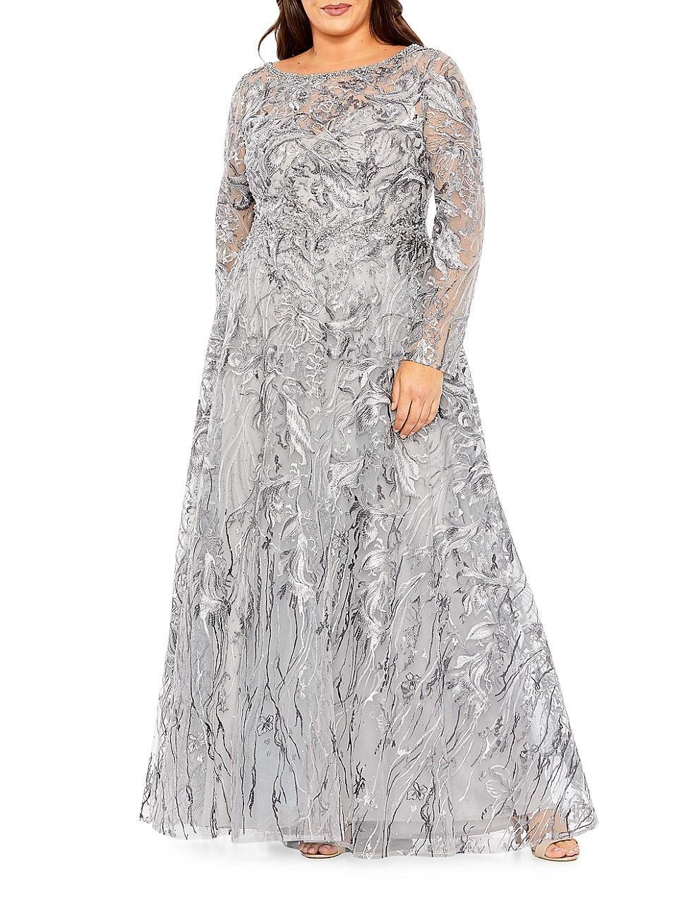 Womens Fabulouss Long Sleeve Metallic Plus-Size Gown Product Image