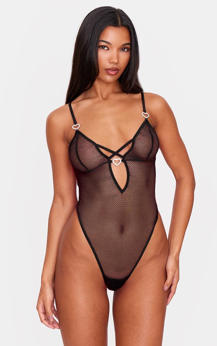 Black Fishnet Diamante Heart Lingerie Bodysuit Product Image