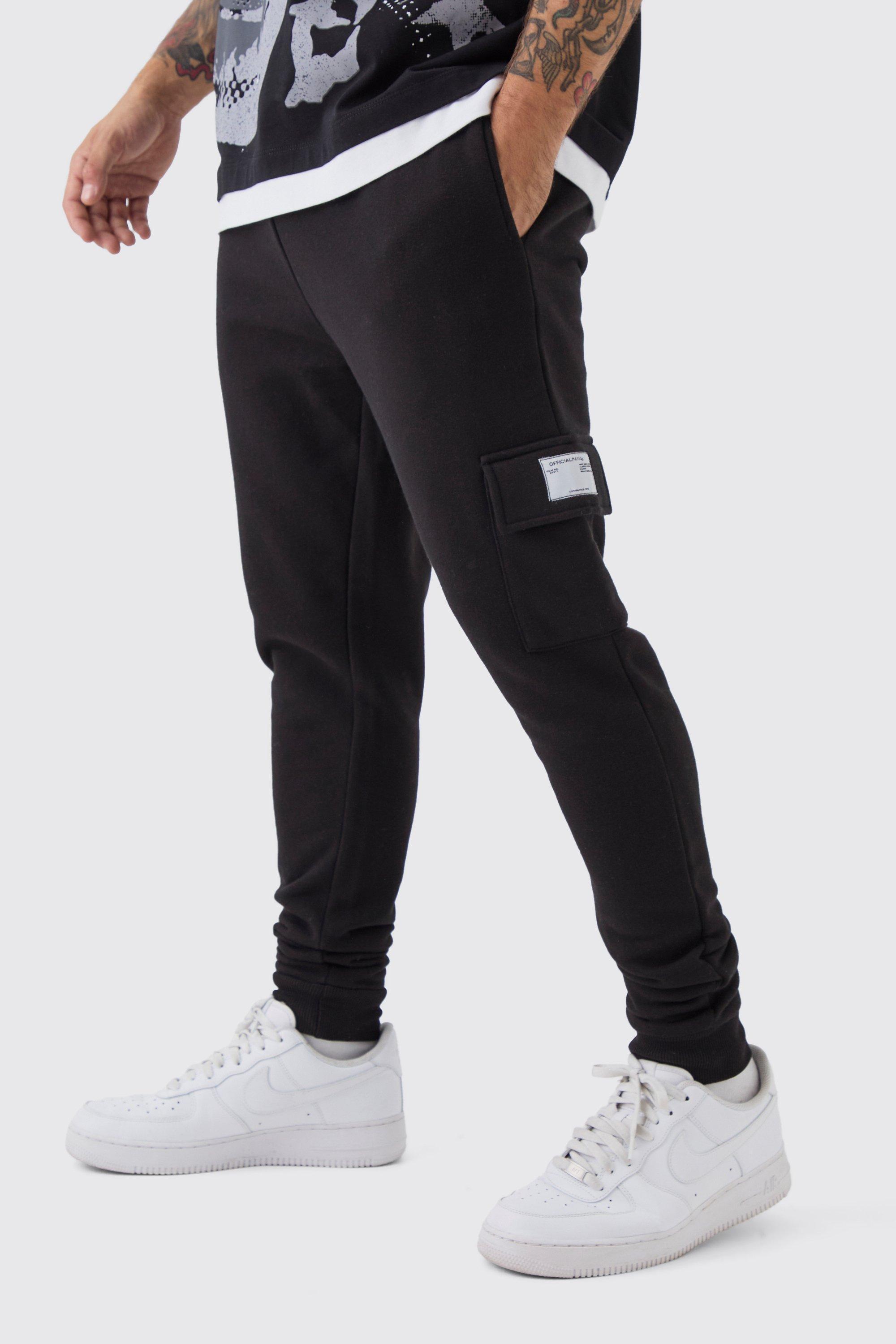 Mens Black Skinny Fit Woven Tab Basic Cargo Jogger, Black Product Image