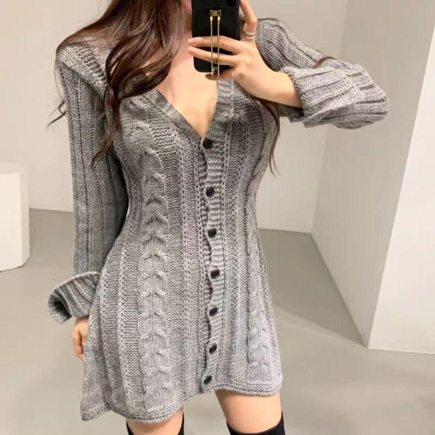 Long-Sleeve V-Neck Cable Knit Button Front Mini Sheath Knit Dress Product Image