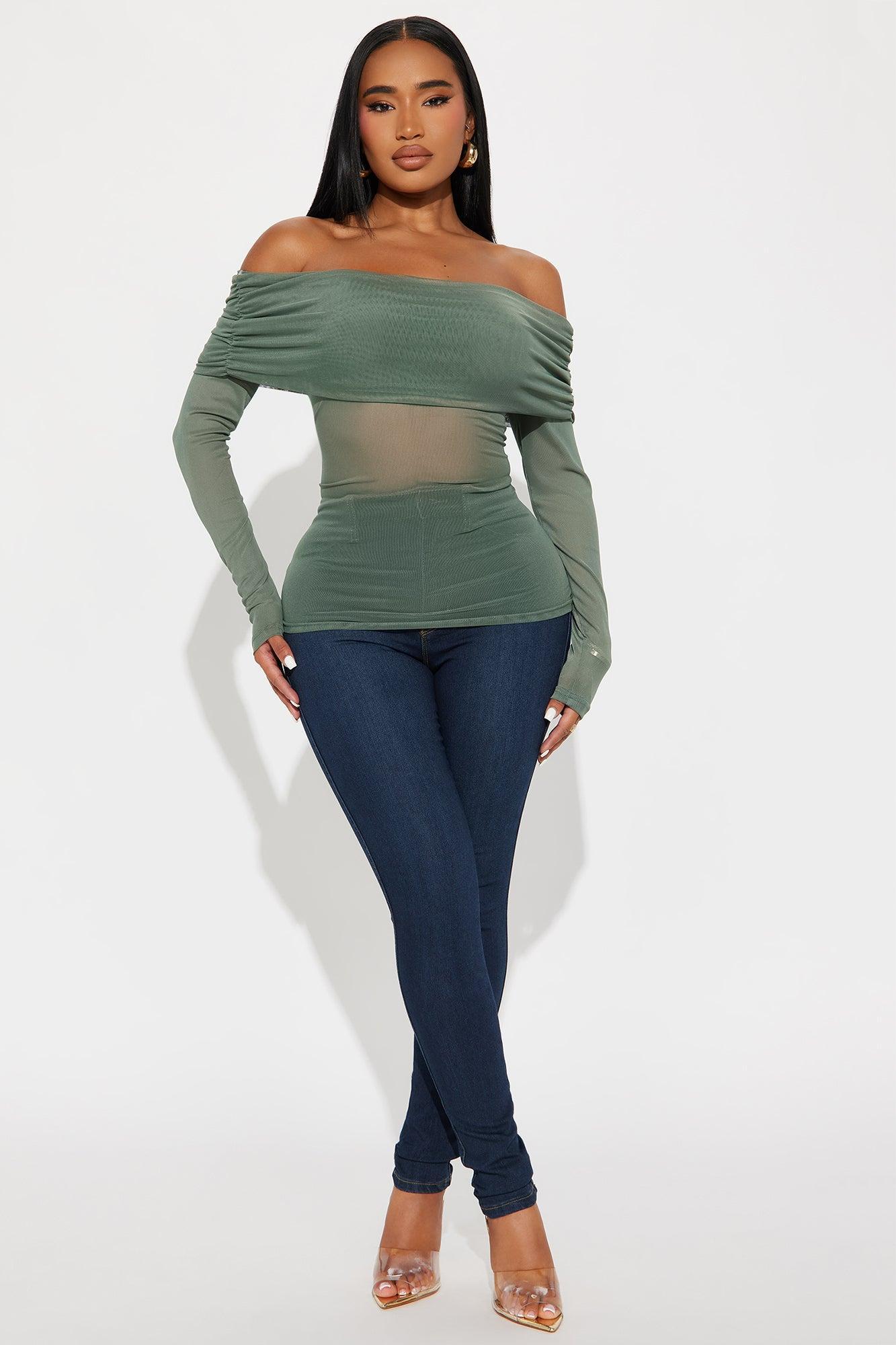 Gina Off Shoulder Mesh Top - Olive Product Image