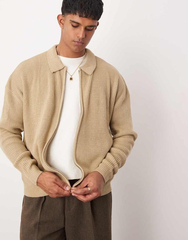 ASOS DESIGN oversized ribbed knitted zip thru cardigan with collar in stone Product Image