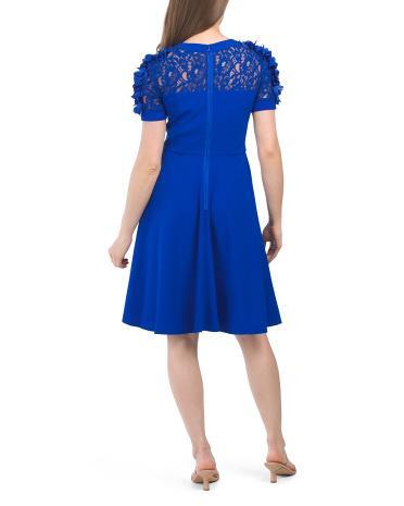 3d Floral Applique Fit And Flare Dress With Lace Trim for Women Product Image