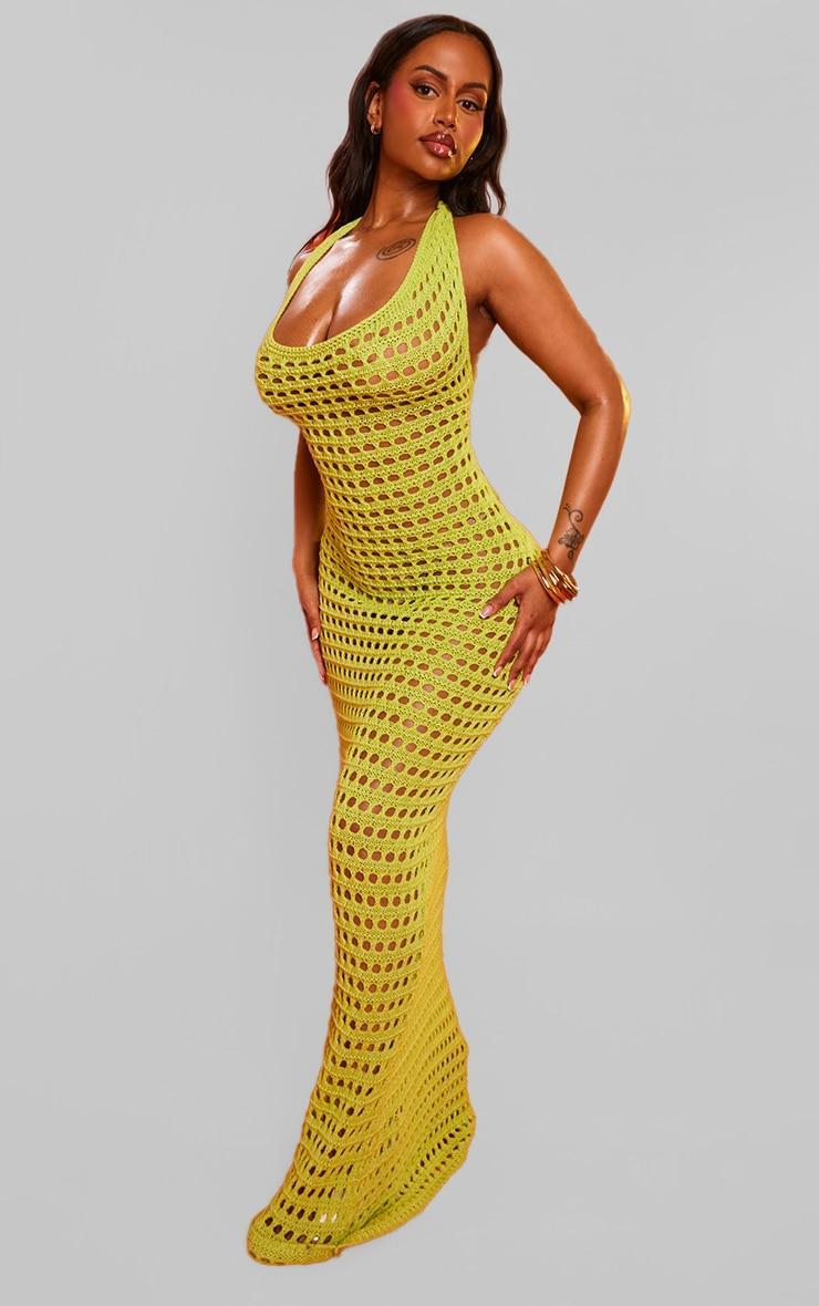 Shape Lime Crochet Knit Halterneck Open Back Maxi Dress Product Image