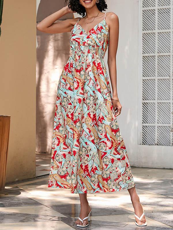 High Waisted Sleeveless Elasticity Flower Print Spaghetti-Neck Midi Dresses Product Image