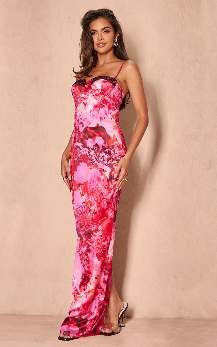 Bright Pink Floral Satin Print Lace Trim Maxi Dress Product Image