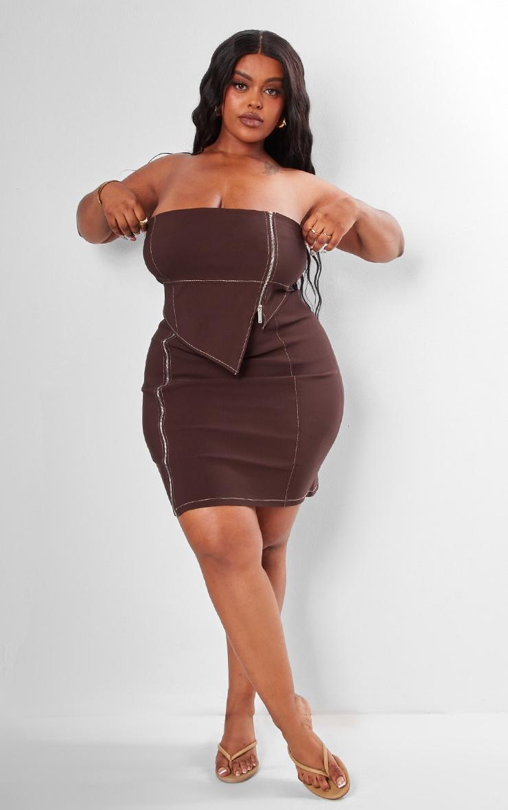 Plus Chocolate Asymmetric Seam Detail Zip Up Corset Bodycon Dress Product Image