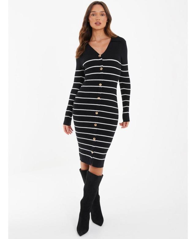 Quiz Womens Gold Button Detail Striped Knit Midi Dress Product Image