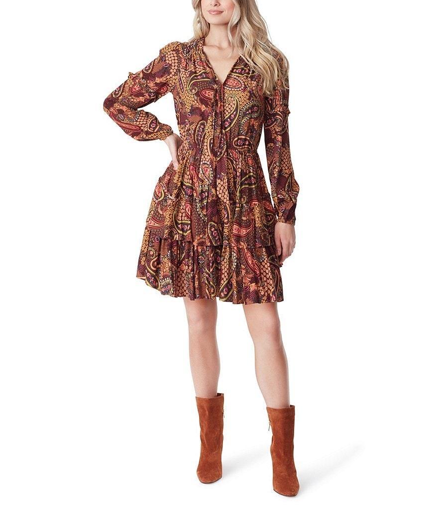 Jessica Simpson Reina Camo Leopard Printed Long Sleeve Tiered Ruffle Dress Product Image