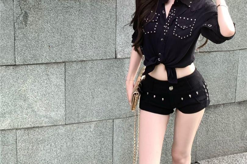 Elbow-Sleeve Studded Crop Shirt Product Image