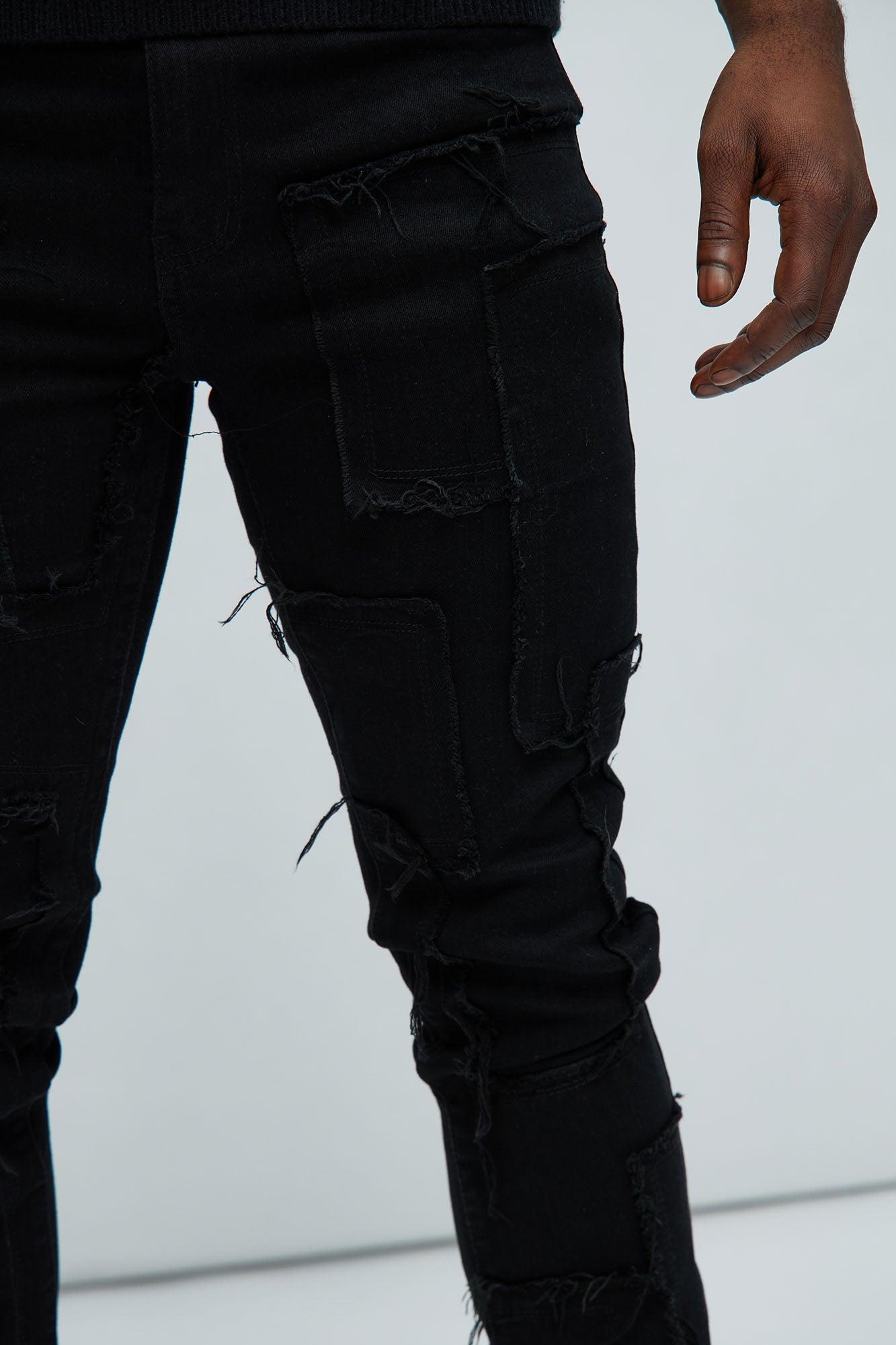 Frayed Patches Stacked Skinny Flare Jeans - Black Product Image