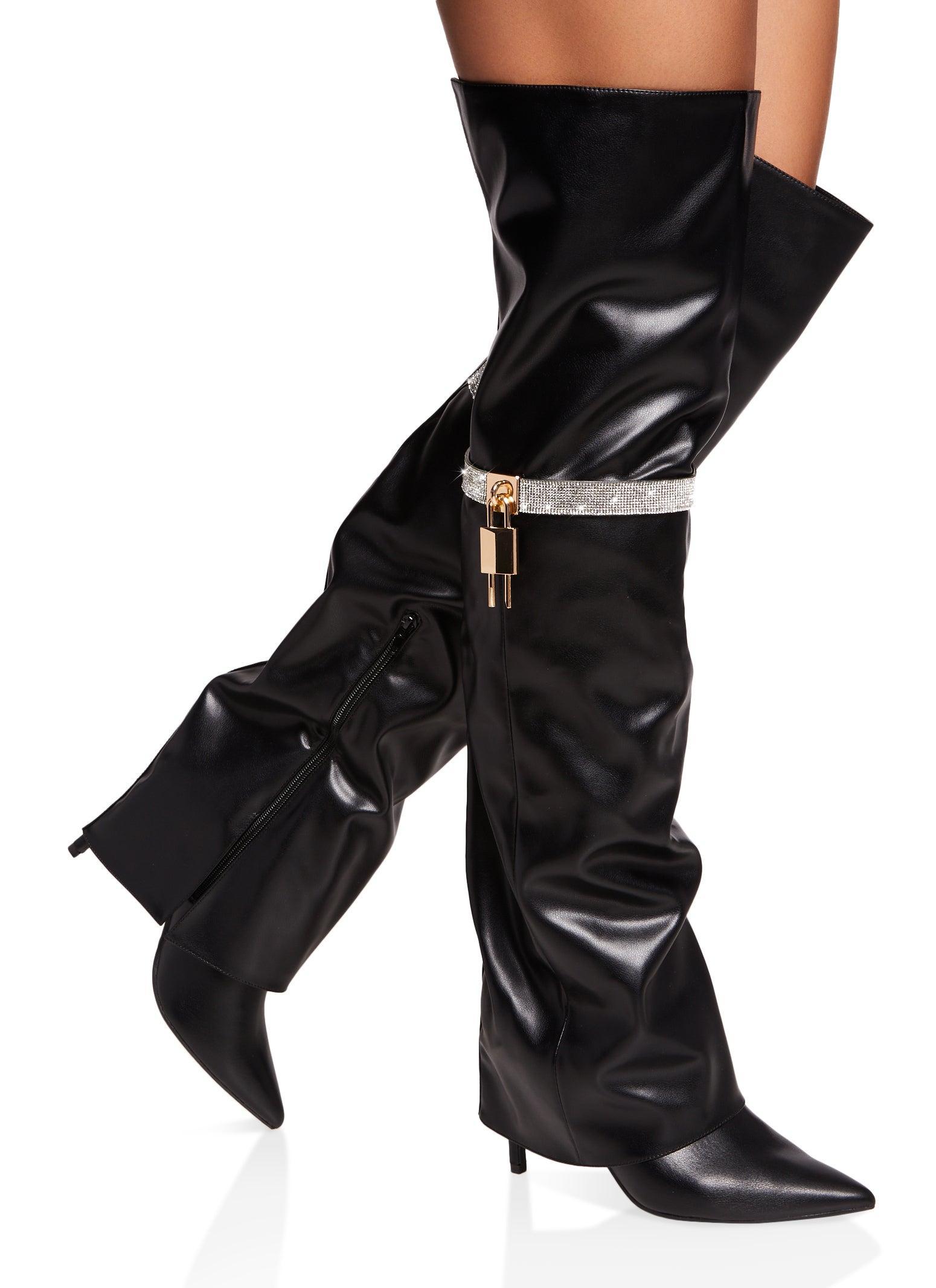 Womens Rhinestone Lock Fold Over the Knee Boots Product Image