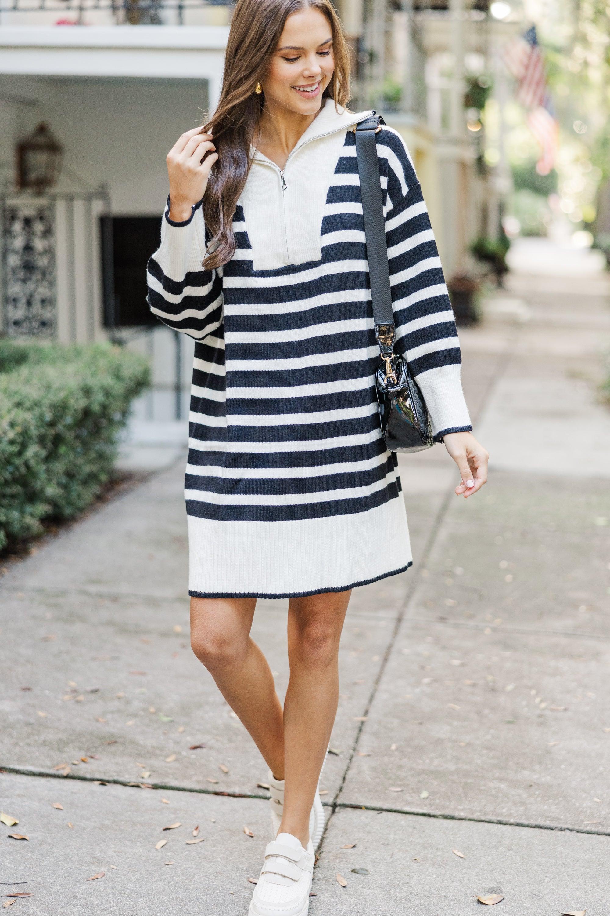 Listen To Me Cream White Striped Sweater Dress Female Product Image