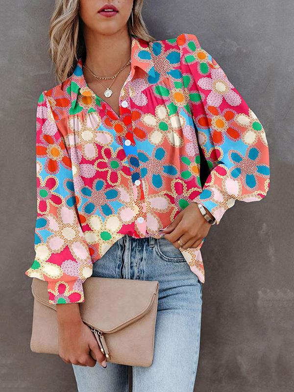 Bishop Sleeve Long Sleeves Buttoned Flower Print Lapel Blouses&Shirts Tops Product Image