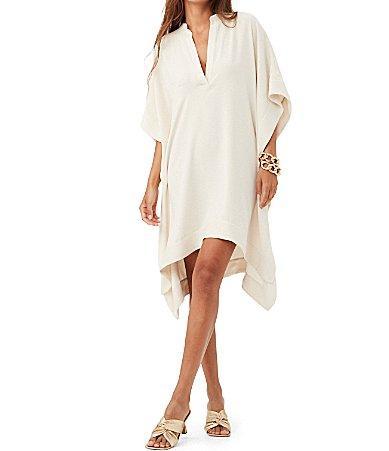 Trina Turk Landmark Silky Satin-Back Crepe Split V-Neck Short Dolman Sleeve Caftan Dress Product Image