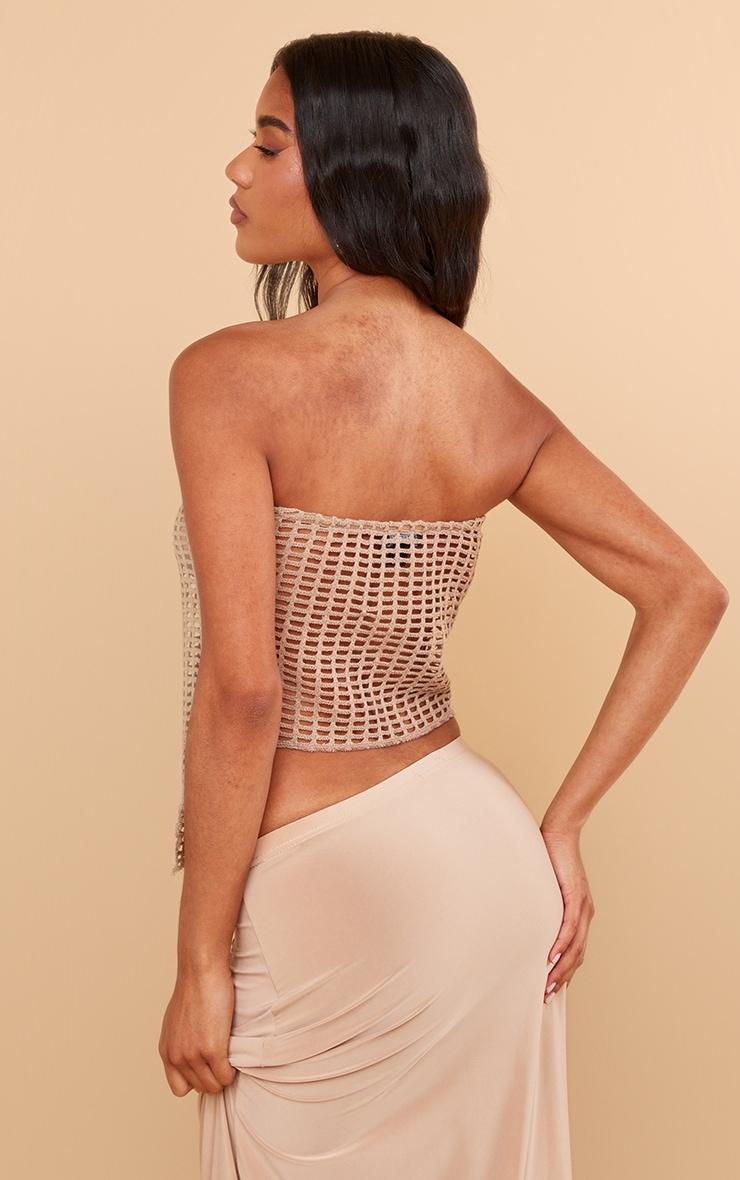 Pale Khaki Fishnet Crochet Split Front Bandeau Crop Top Product Image