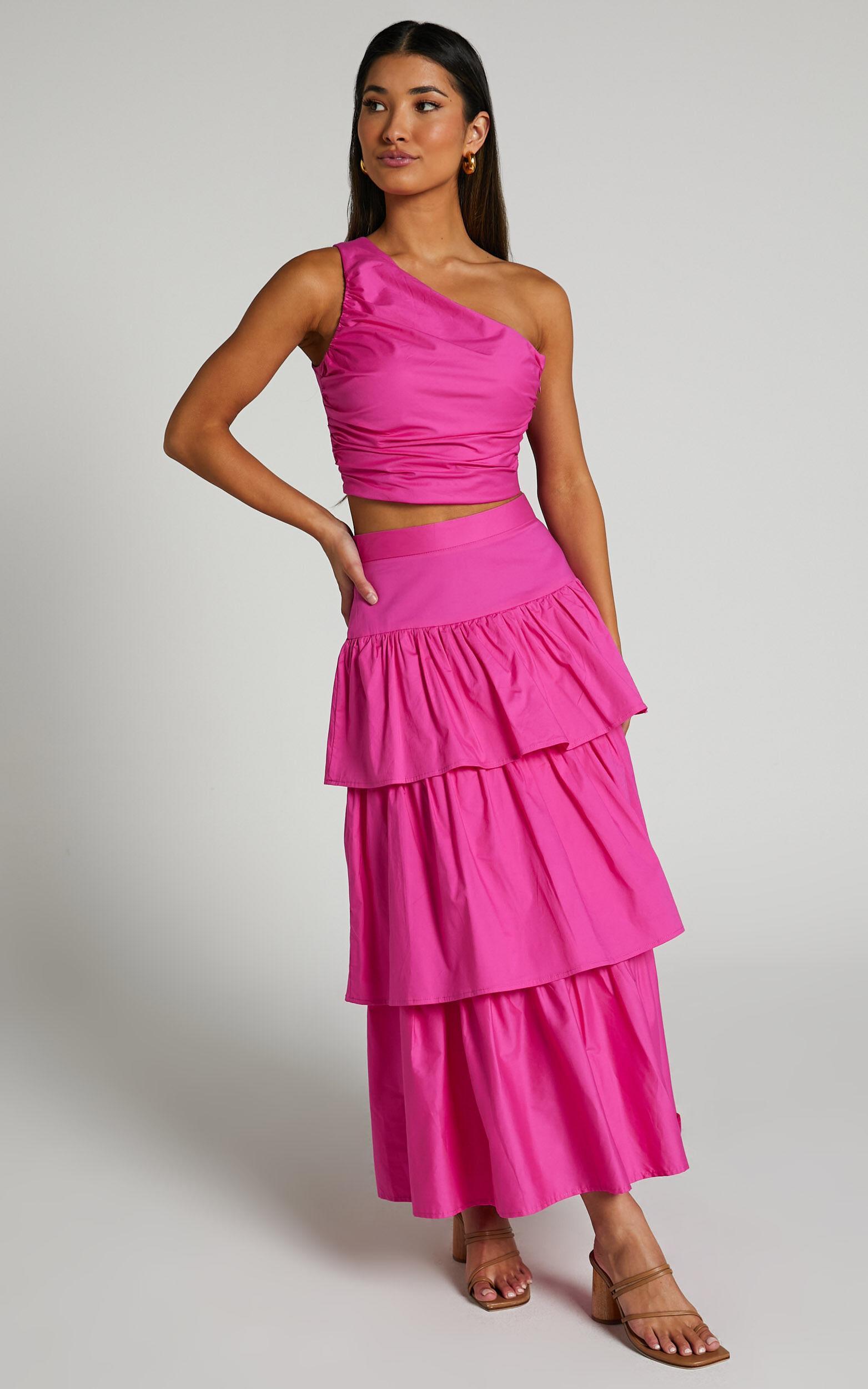 Kaycie Two Piece Set - One Shoulder Asymmetrical Ruched Top and Tiered Midi Skirt Set in Pink Product Image