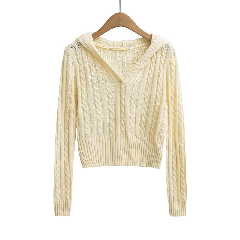 Hooded V-Neck Plain Cable Knit Cropped Sweater Product Image