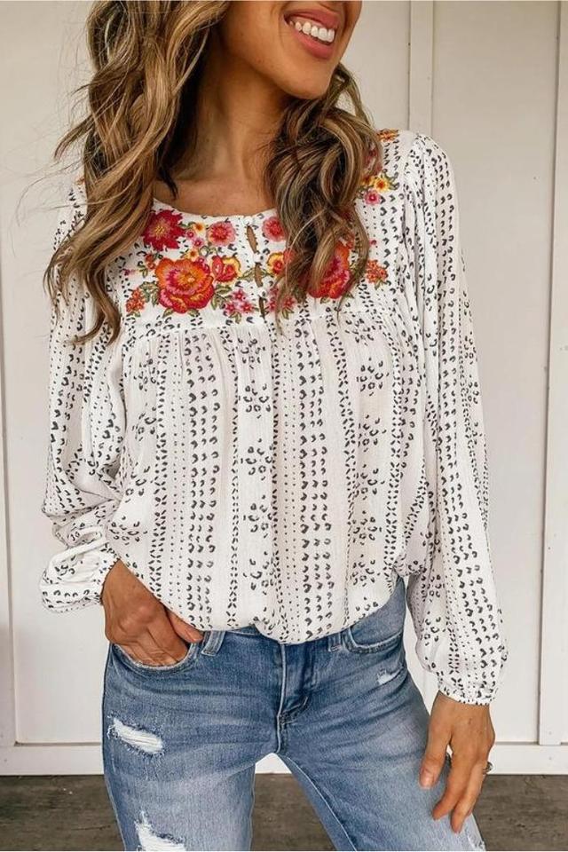 Beige Long Sleeve Embroidered Print Blouse Product Image