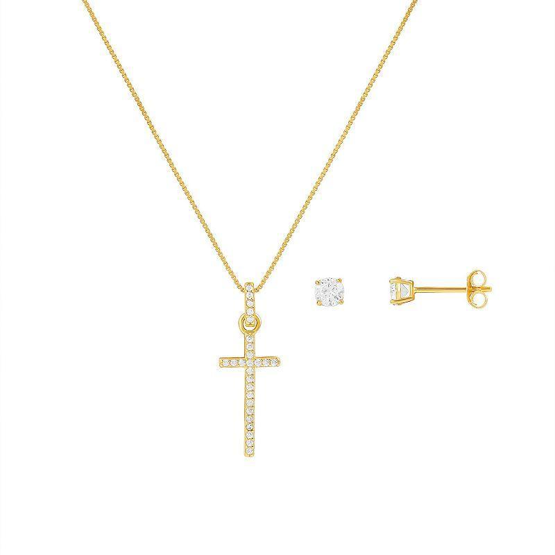 PRIMROSE 18k Gold Plated Cubic Zirconia Cross Pendant & Stud Earring Set, Womens, White Product Image