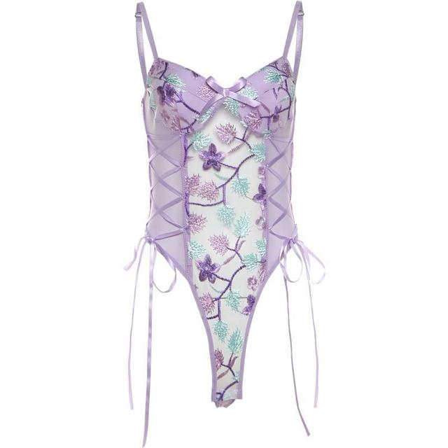 Flower Embroidered Lace-Up Mesh Panel Bodysuit Top Product Image