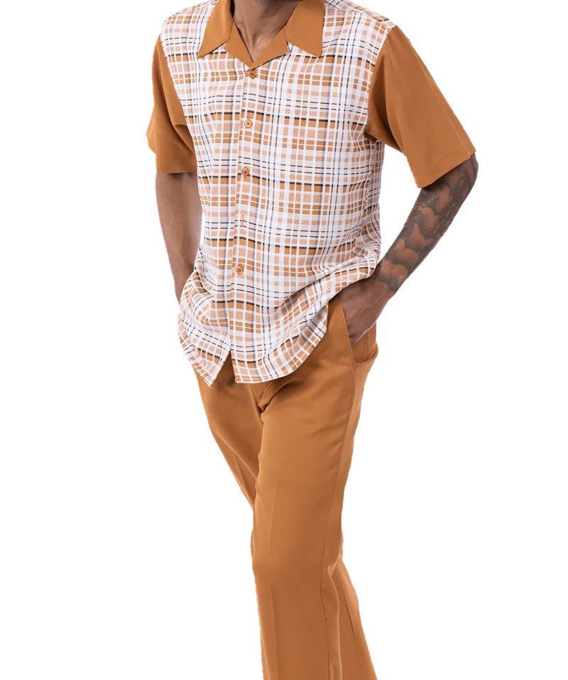 Cognac Plaid Walking Suit 2 Piece Short Sleeve Set Product Image