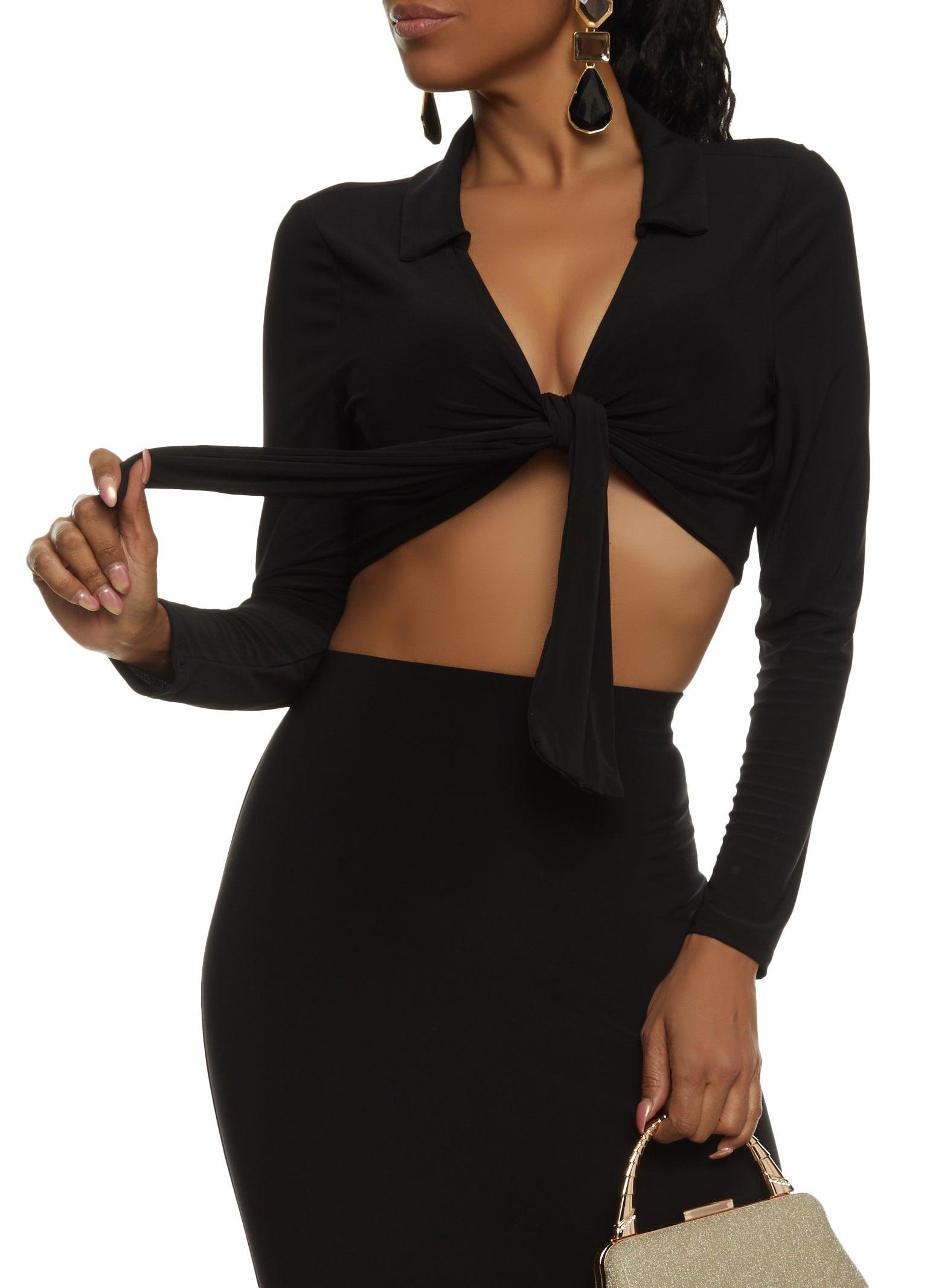 Womens Long Sleeve Tie Front Cropped Blouse Product Image