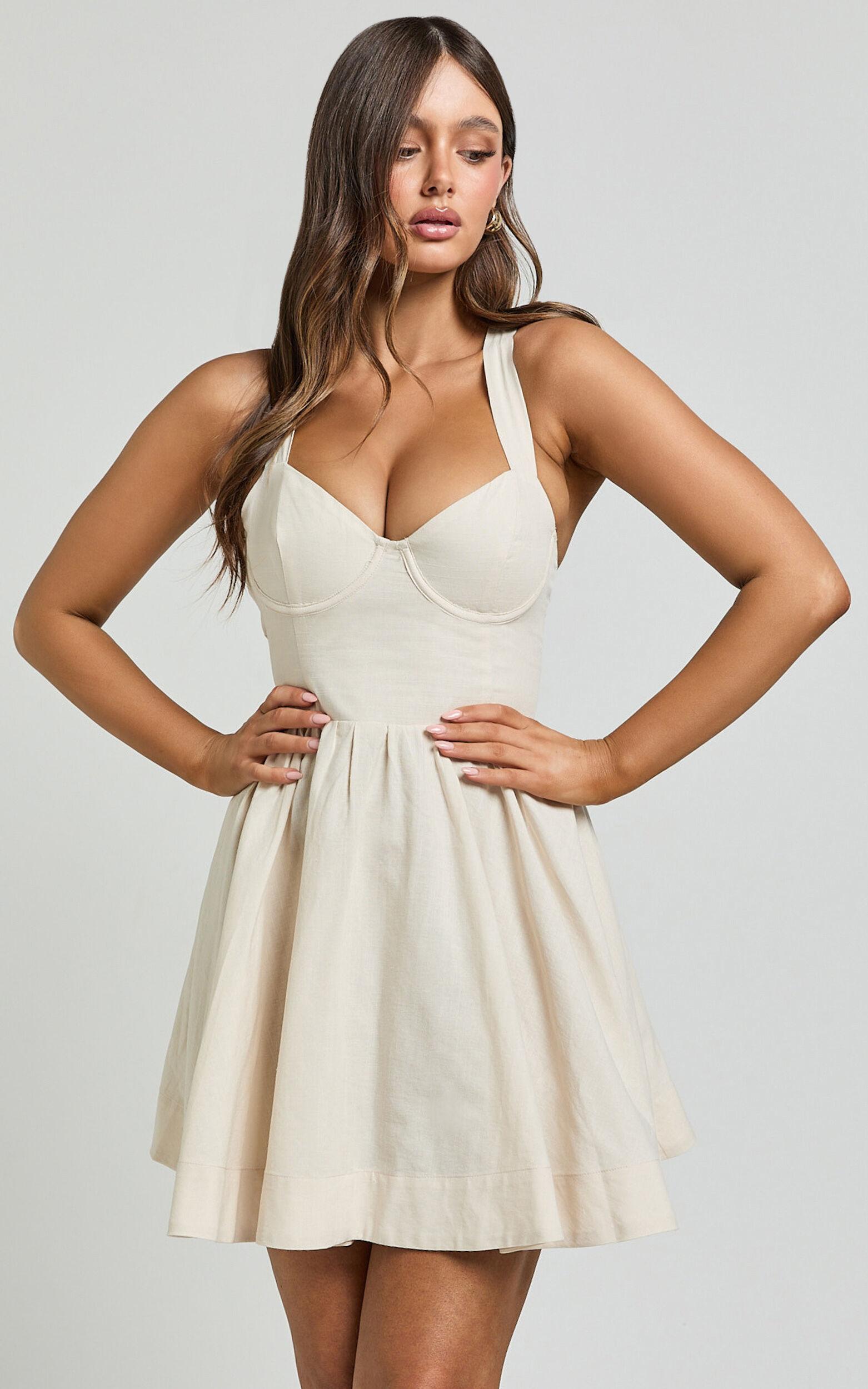 Cathryn Mini Dress - Cross Back Bustier Linen Blend Dress in Stone Product Image