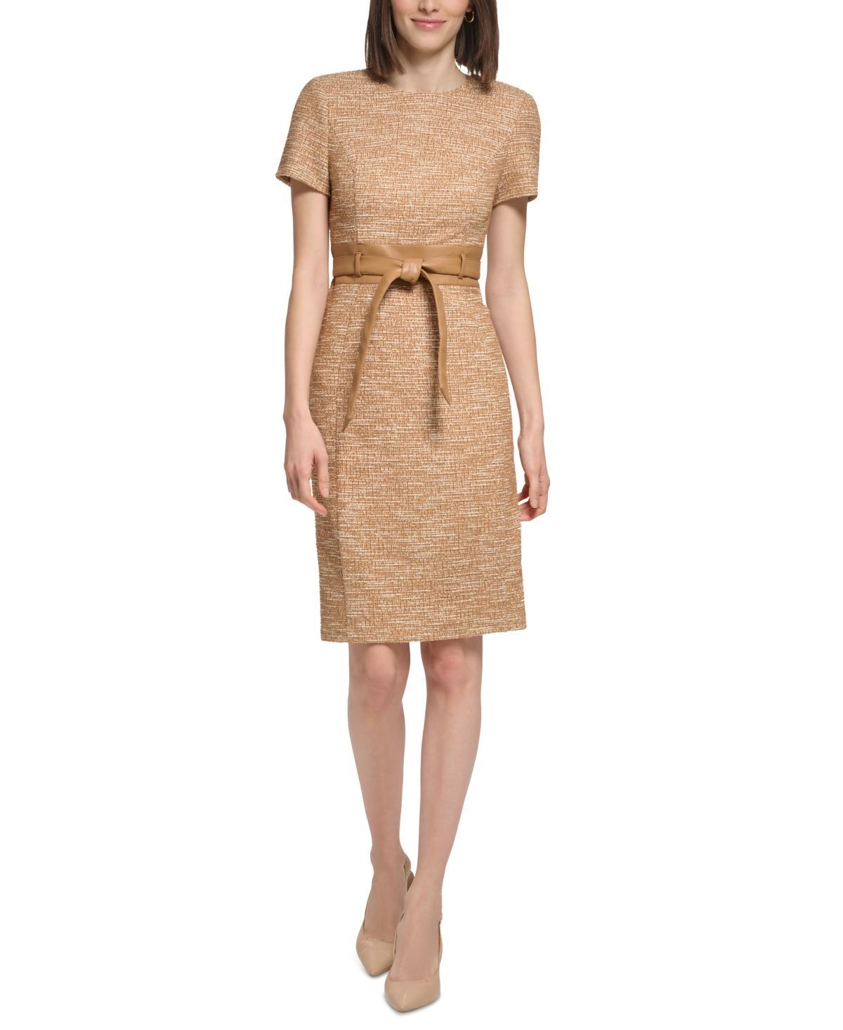 Calvin Klein Tweed Short Sleeve Crew Neck Faux Leather Belt Sheath Dress Product Image