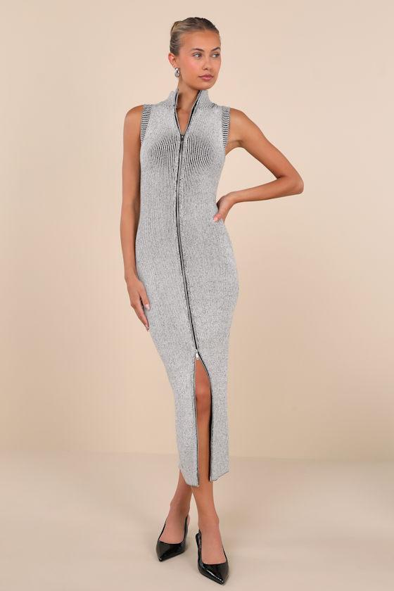 Confident Moves Light Grey Marled Zip-Front Midi Sweater Dress Product Image