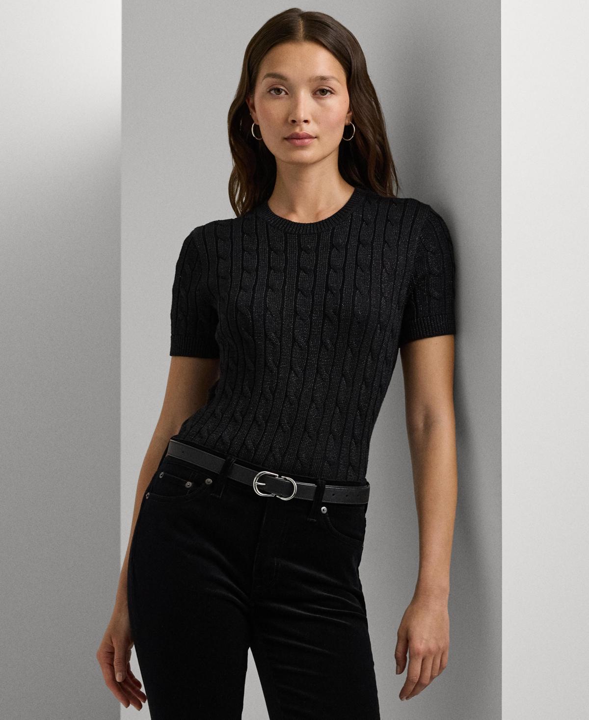 Lauren Ralph Lauren Womens Metallic Cable-Knit Short-Sleeve Sweater Product Image