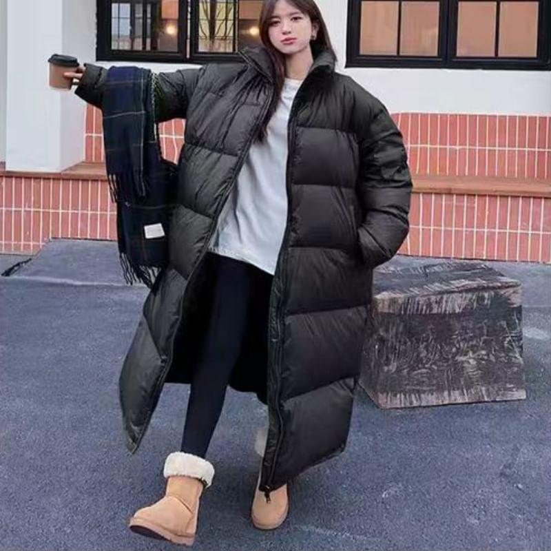 Stand Collar Plain Down Midi Zip Puffer Coat Product Image