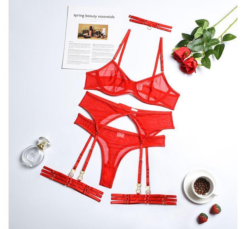 Lingerie Set: Plain Sheer Bralette + Thongs + Garter + Choker Product Image