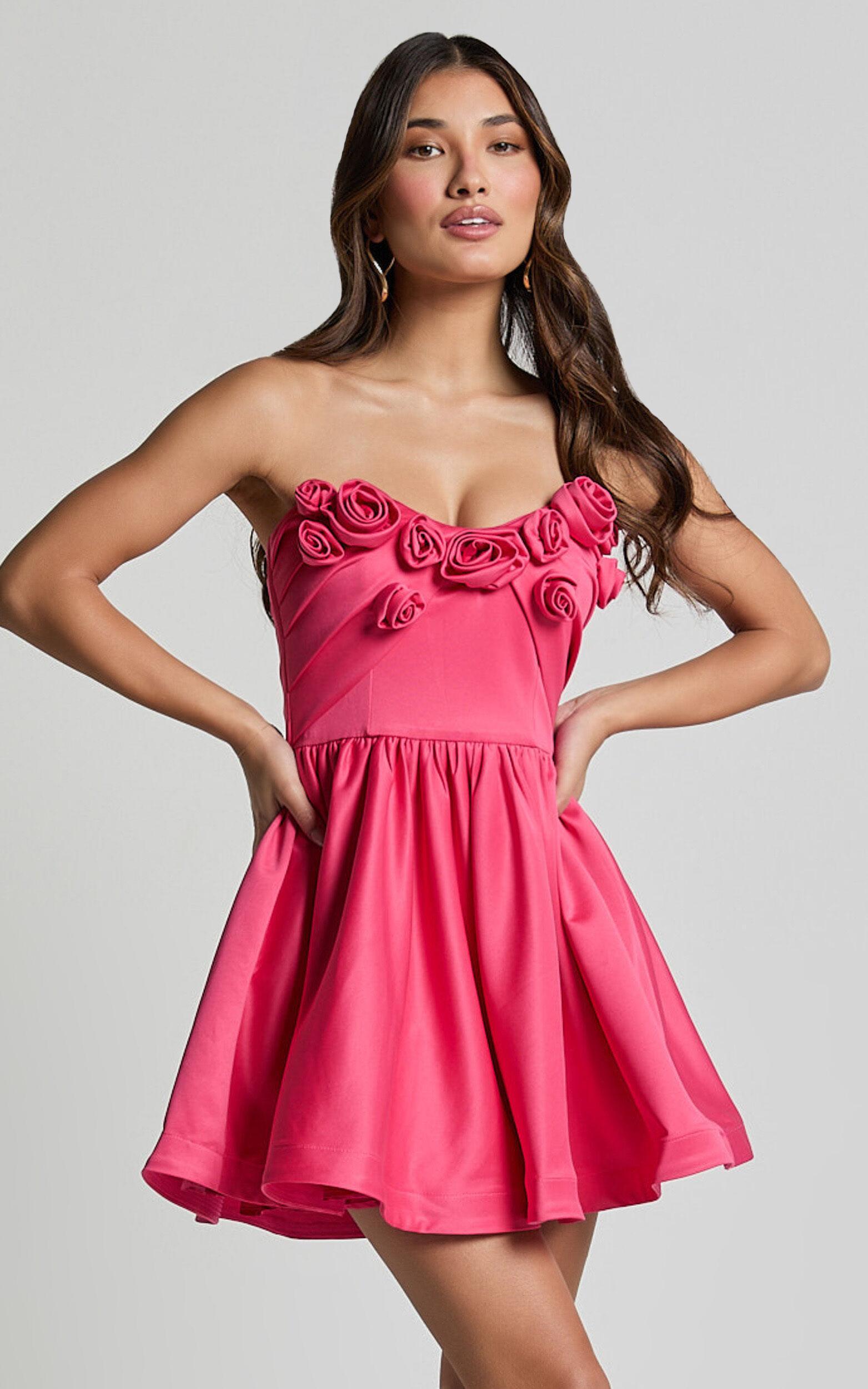 Angeletta Mini Dress - Sweetheart Rosette Detail Fit & Flare in Pink Product Image