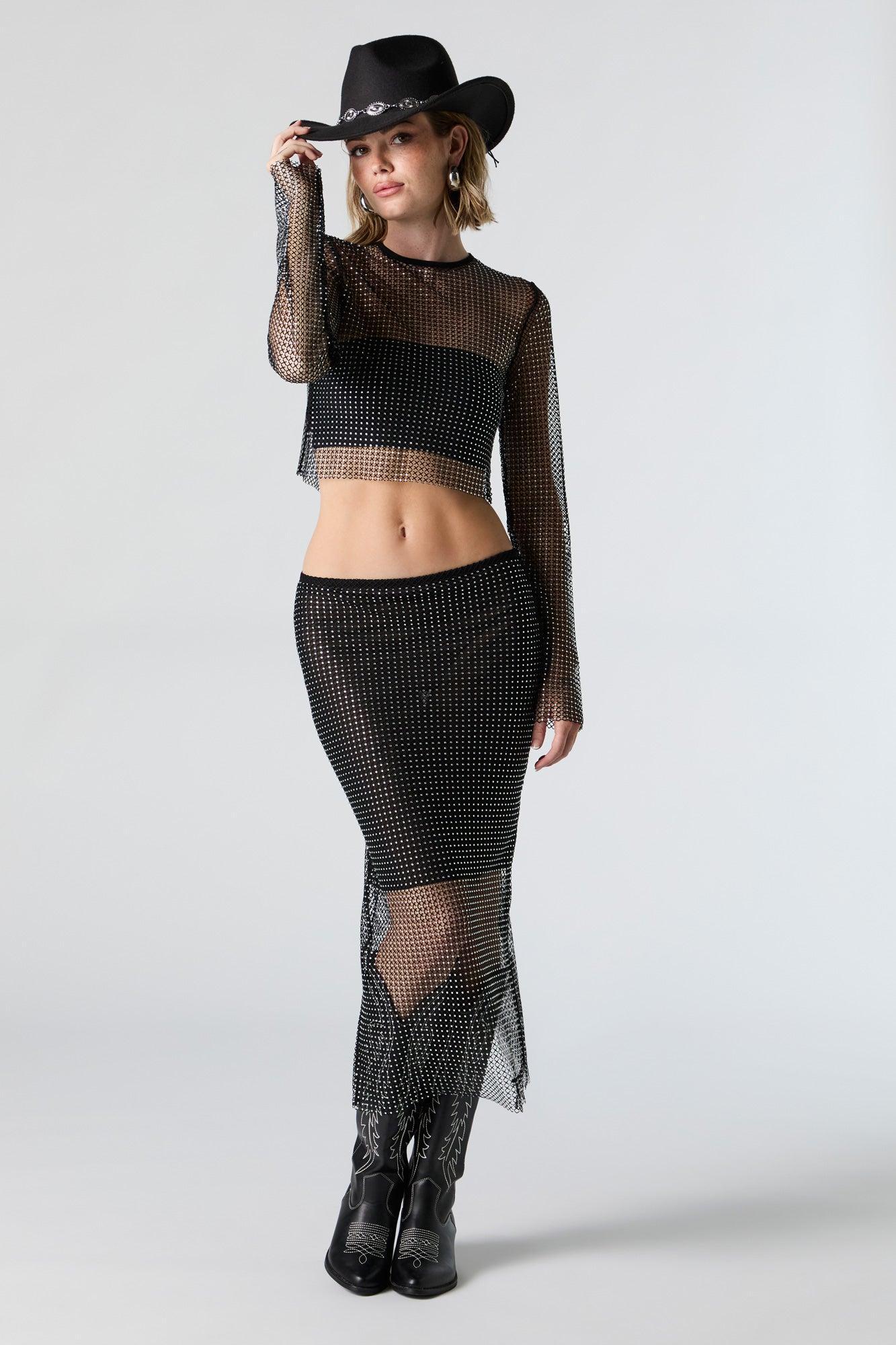 Fishnet Rhinestone Midi Skirt Female Product Image