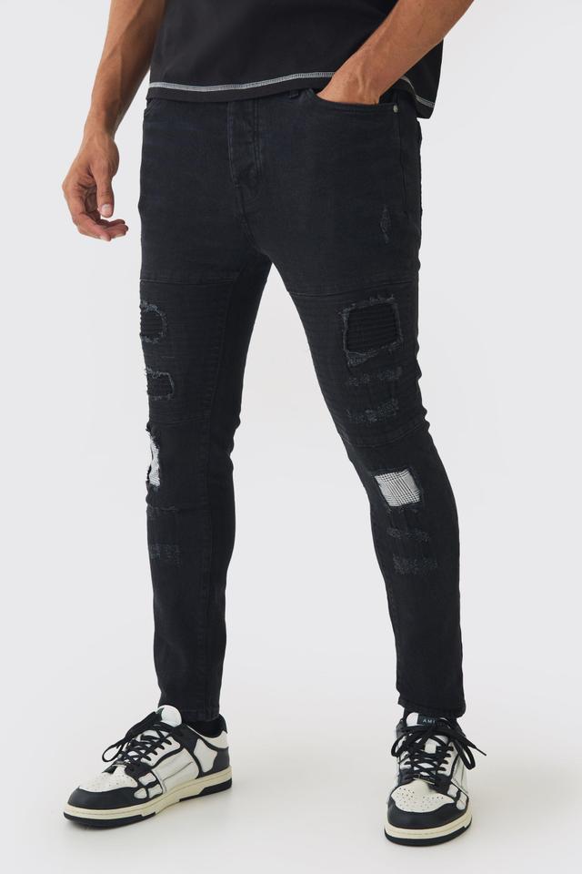 Mens Black Skinny Fit biker Ripped Patchwork Jeans, Black Product Image