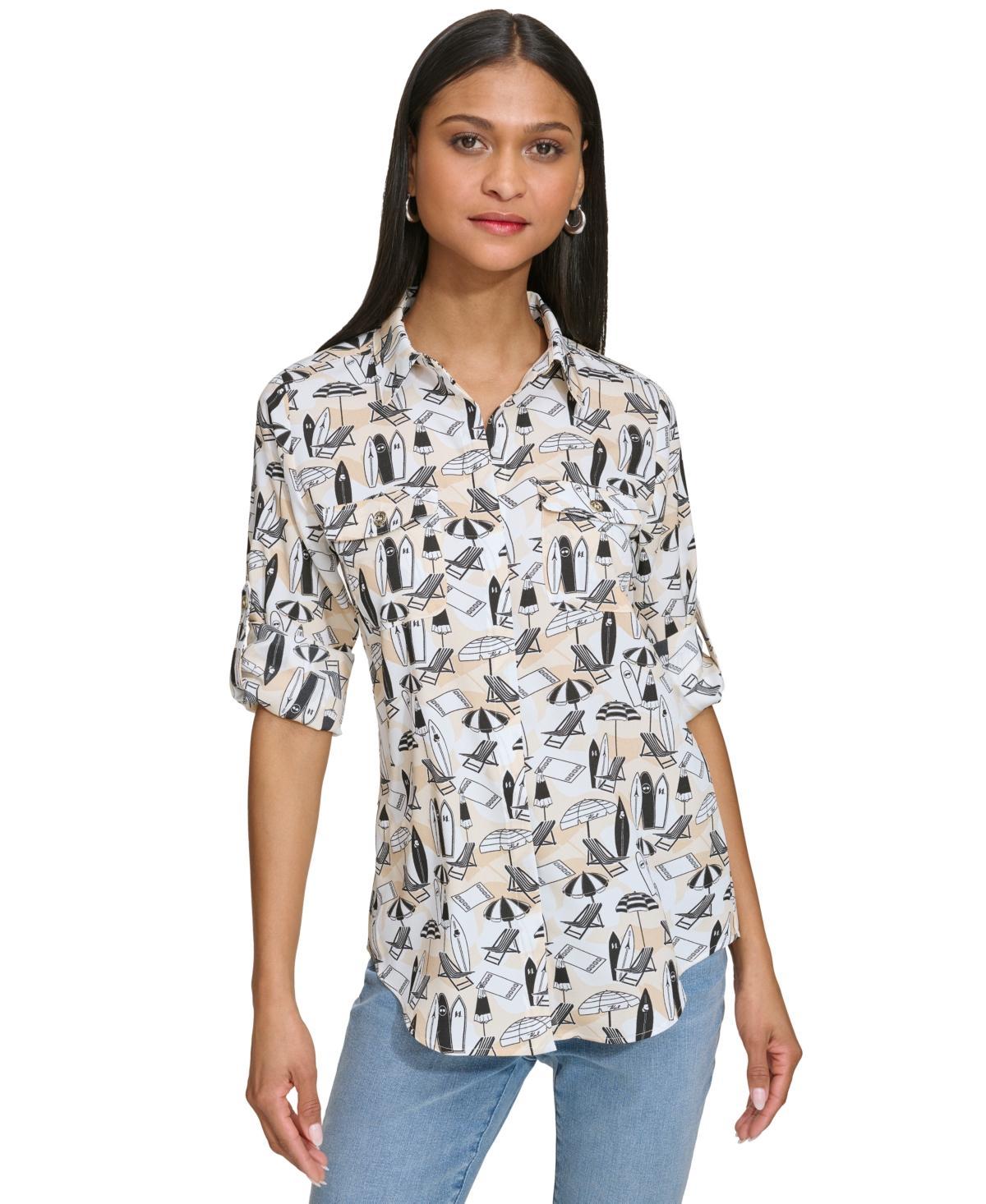 Karl Lagerfeld Paris Womens Whimsical-Print Roll-Tab Button-Front Top Product Image