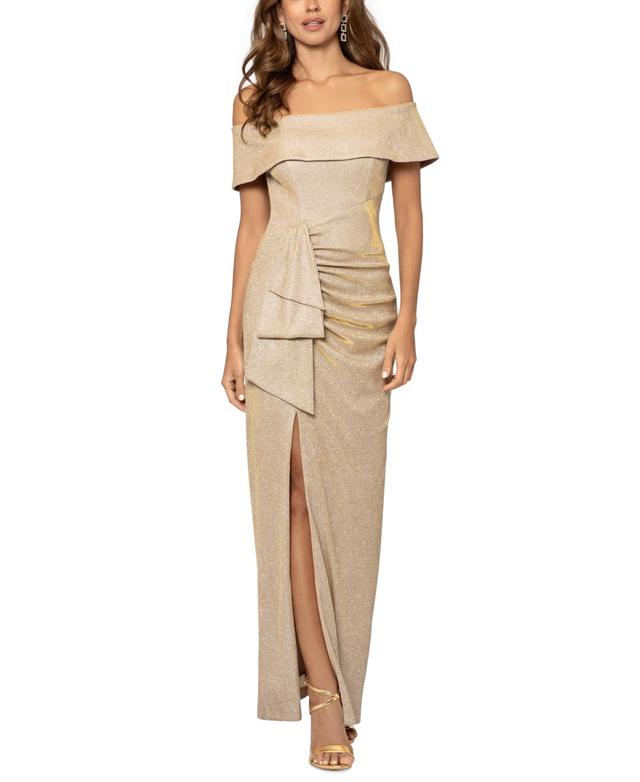 Xscape Womens Off-The-Shoulder Draped-Detail Leg-Slit Gown - Blush Product Image