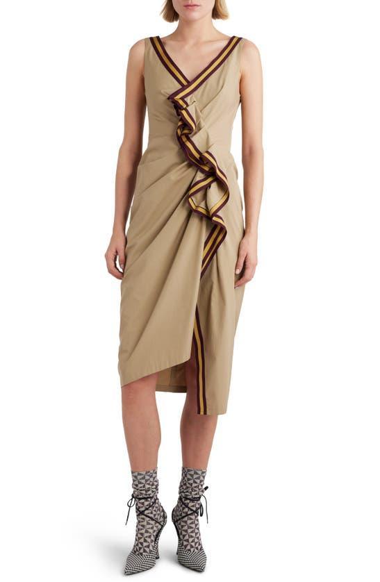 Rugby Stripe Trim Asymmetric Ruffle Cotton Poplin Dress In Beige Product Image