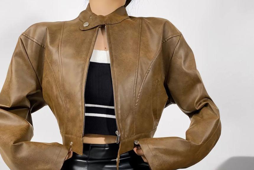 Faux Leather Zip-Up Crop Jacket Product Image