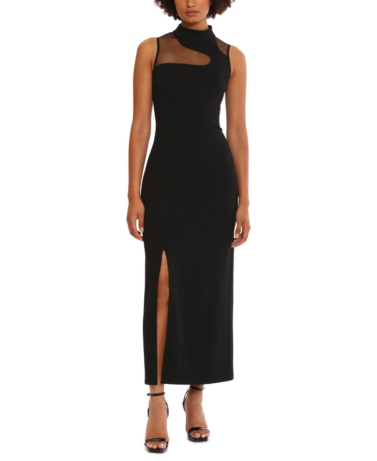 Donna Morgan Stretch Crepe Illusion Mock Neck Sleeveless Front Slit Maxi Dress Product Image