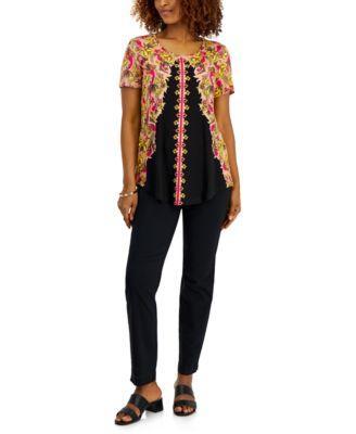 Jm Collection Womens Printed Short Sleeve Top Cambridge Woven Pull On Pants Created For Macys Product Image