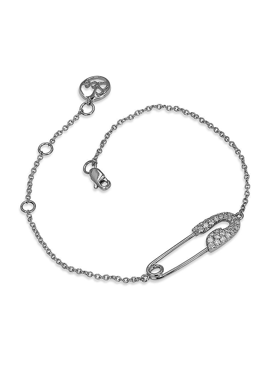 Womens Safety Pin 18K White Gold & Diamond Chain Bracelet Product Image